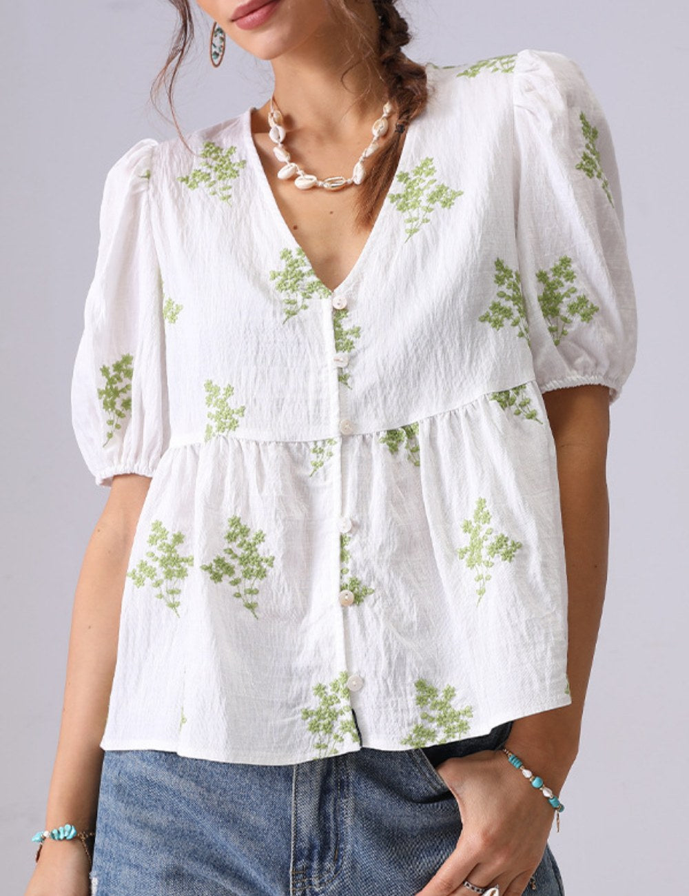 Floral Embroidered V-Neck Puff Sleeves Shirt DP25C850