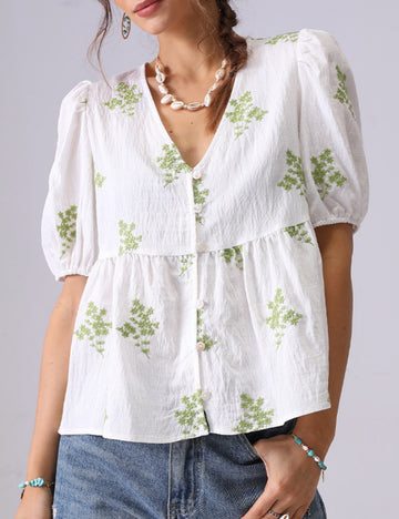 Floral Embroidered V-Neck Puff Sleeves Shirt DP25C850
