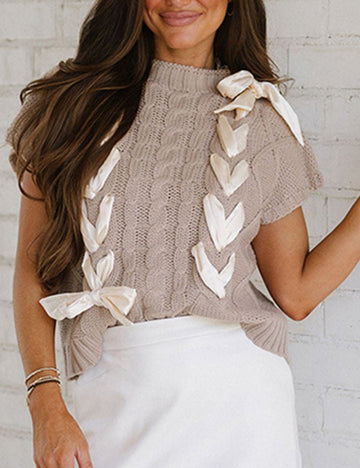 Round Neck Short Sleeves Bow Knot Knit Vest DPT0815