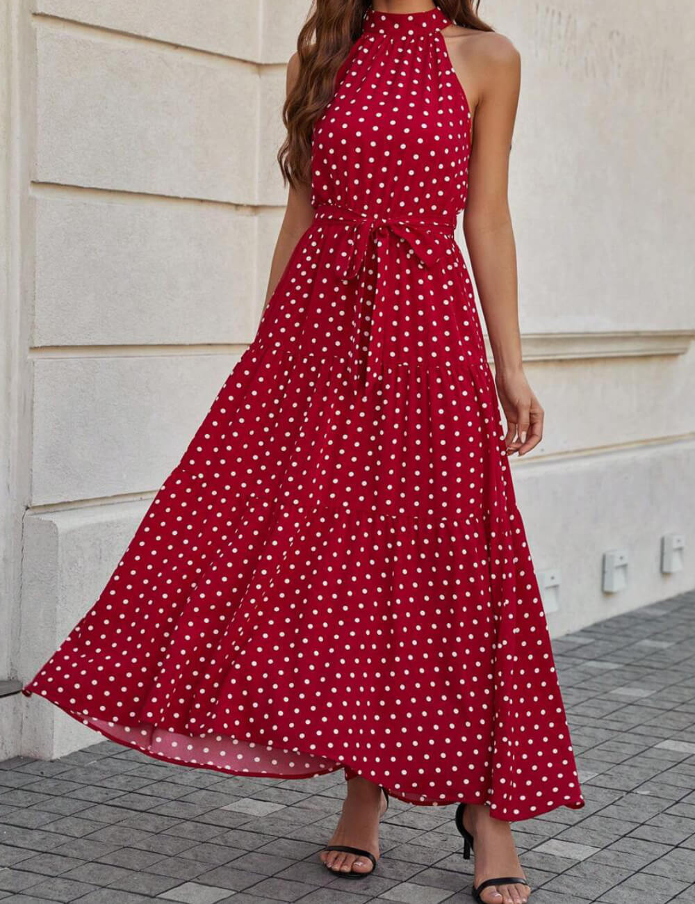 Elegant Polka Dot Tie Waist Halter Dress DP25D597