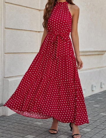 Elegant Polka Dot Tie Waist Halter Dress DP25D597