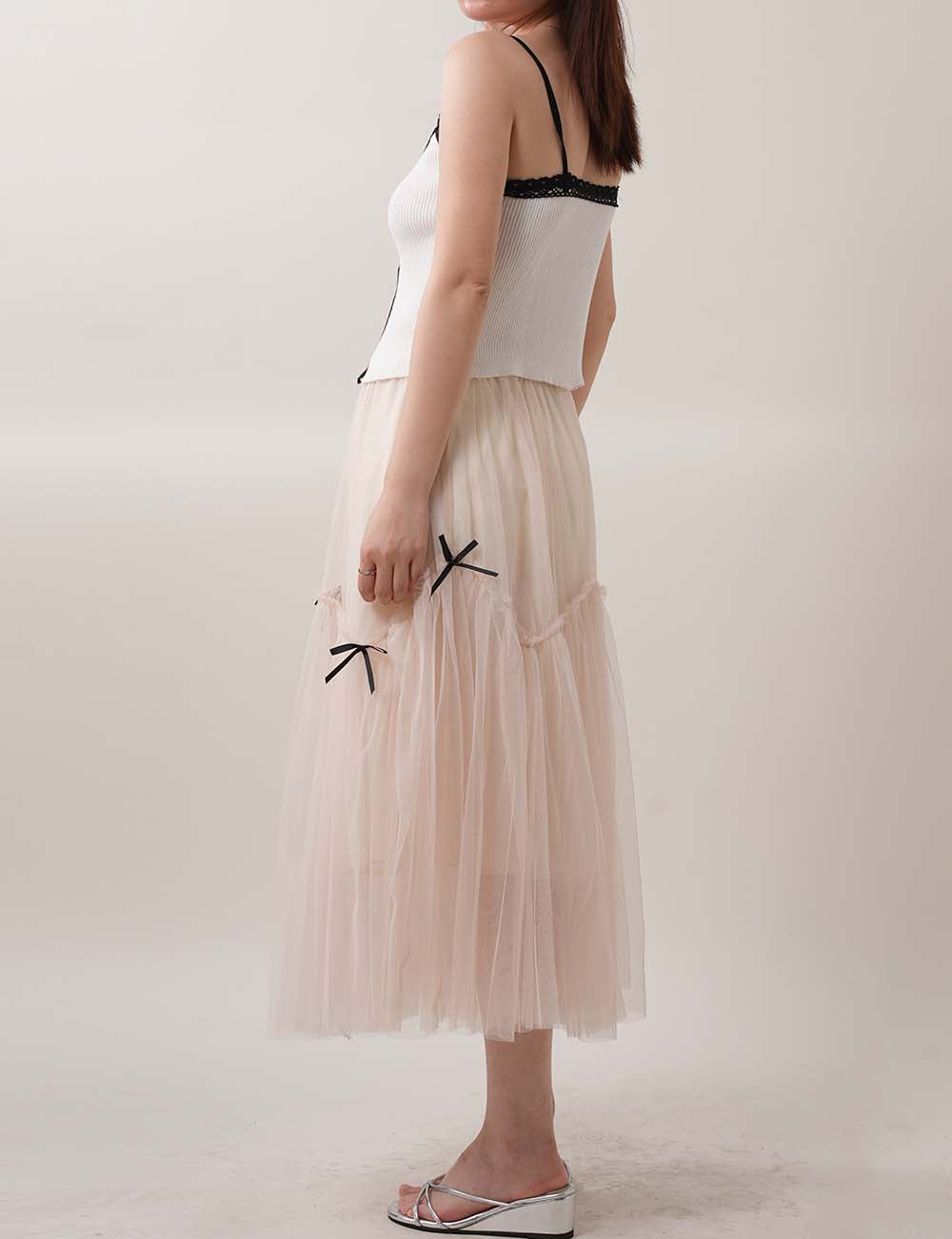 Bow Tulle Layered Mesh A-Line Miid Skirt DP25C833