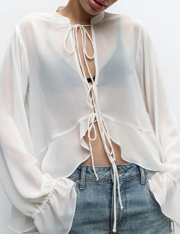 Elegant Solid Color Tie-Front Drawstring Chiffon Top DP25E556