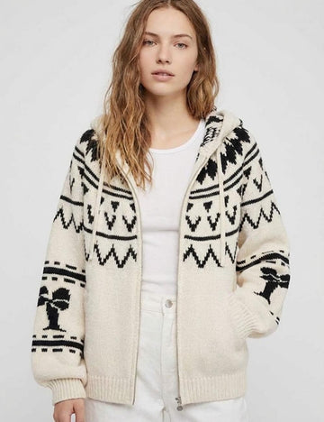 Retro Color Block Jacquard Zipper Hooded Cardigan DP25H637