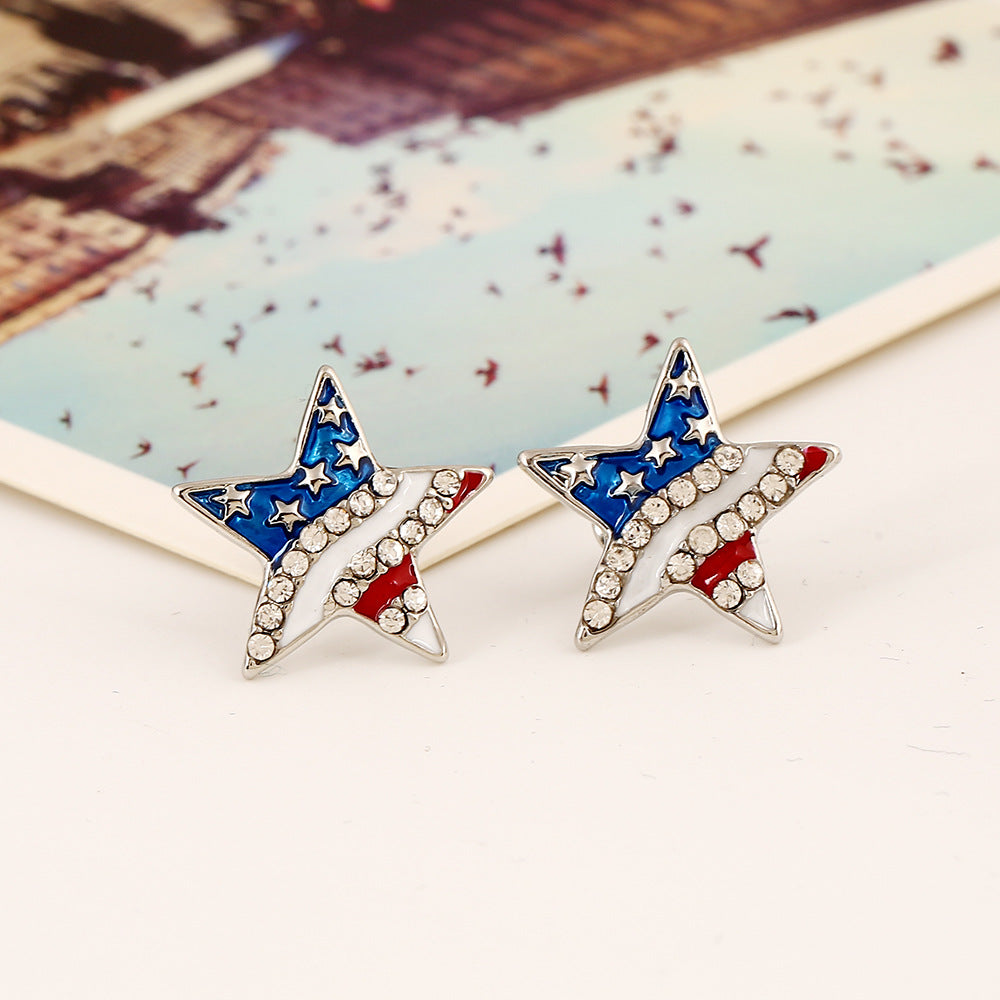 Hiphop American Flag Rhinestones Star Stud Earring 8ZA6JER188L