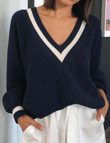 Color Block V-Neck Long Sleeve Sweater DP25F530