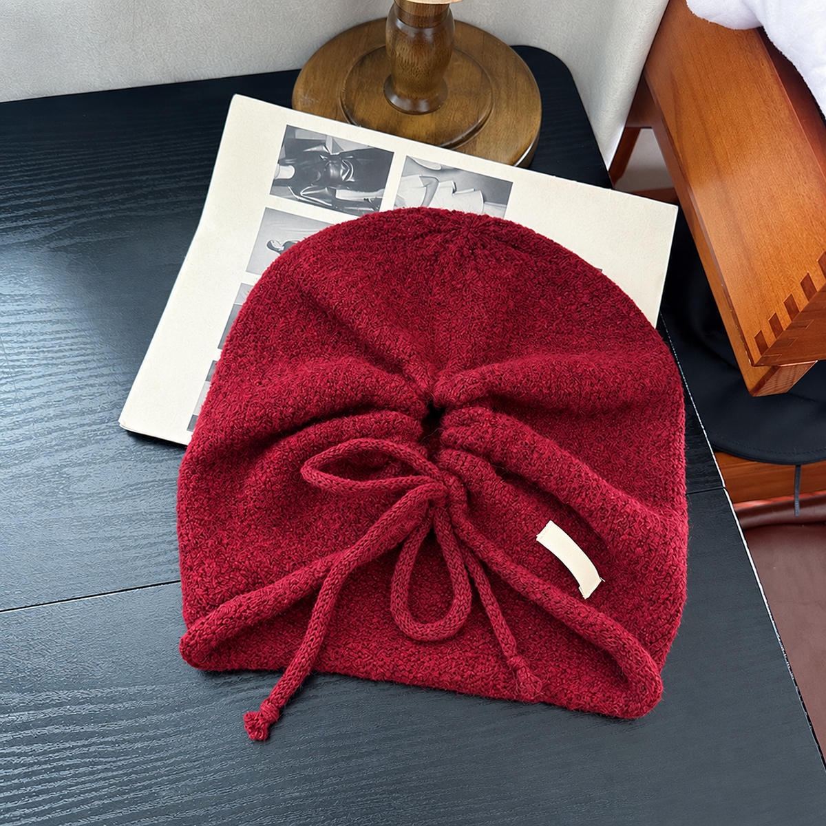 Simple Solid Color Drawstring Knit Beanie Hat 6W6HAT719