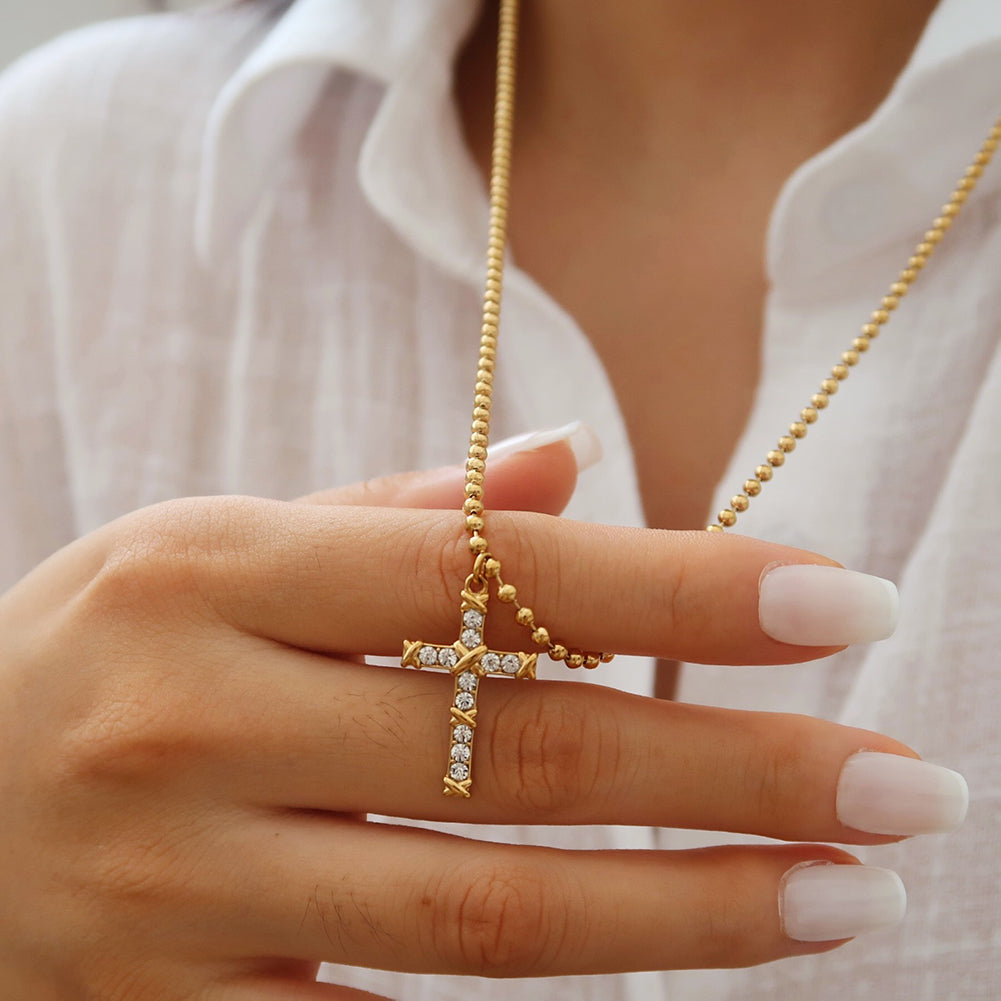 Trendy Rhinestone Cross Pendant Bead Chain Necklace 6W6JNC1011