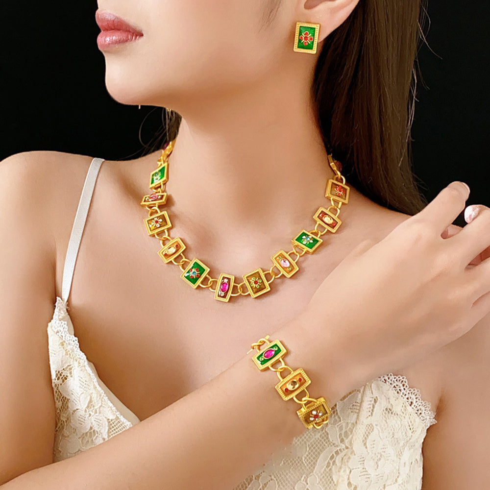 Vintage Rhinestone Floral Geometry Chain Necklace 6W6JNC919