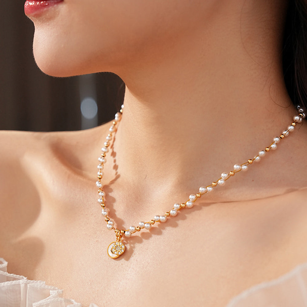 Stylish Rhinestone Eight-Star Pendant Pearl Necklace 6W6JNC969
