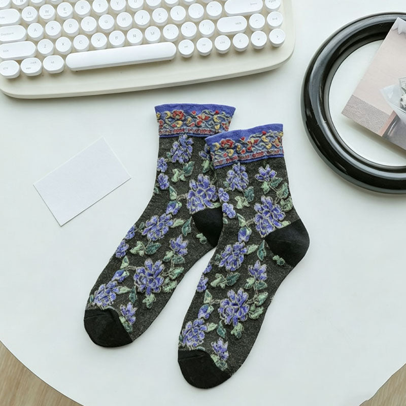 Vintage Floral Embossed Breathable Crew Socks 6W8FSO741