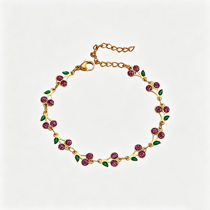 Cute Cherry Rhinestone Gold Plated Chain Bracelet 6W6JBR516