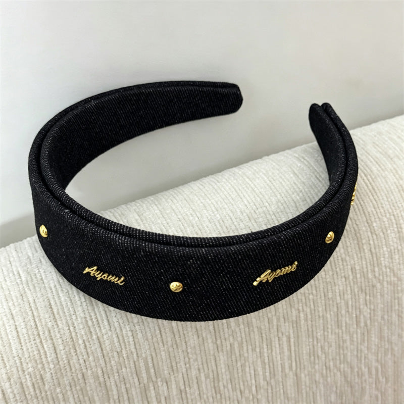 Vintage Metal Letter Studded Denim Wide Headband 6W6HBD307