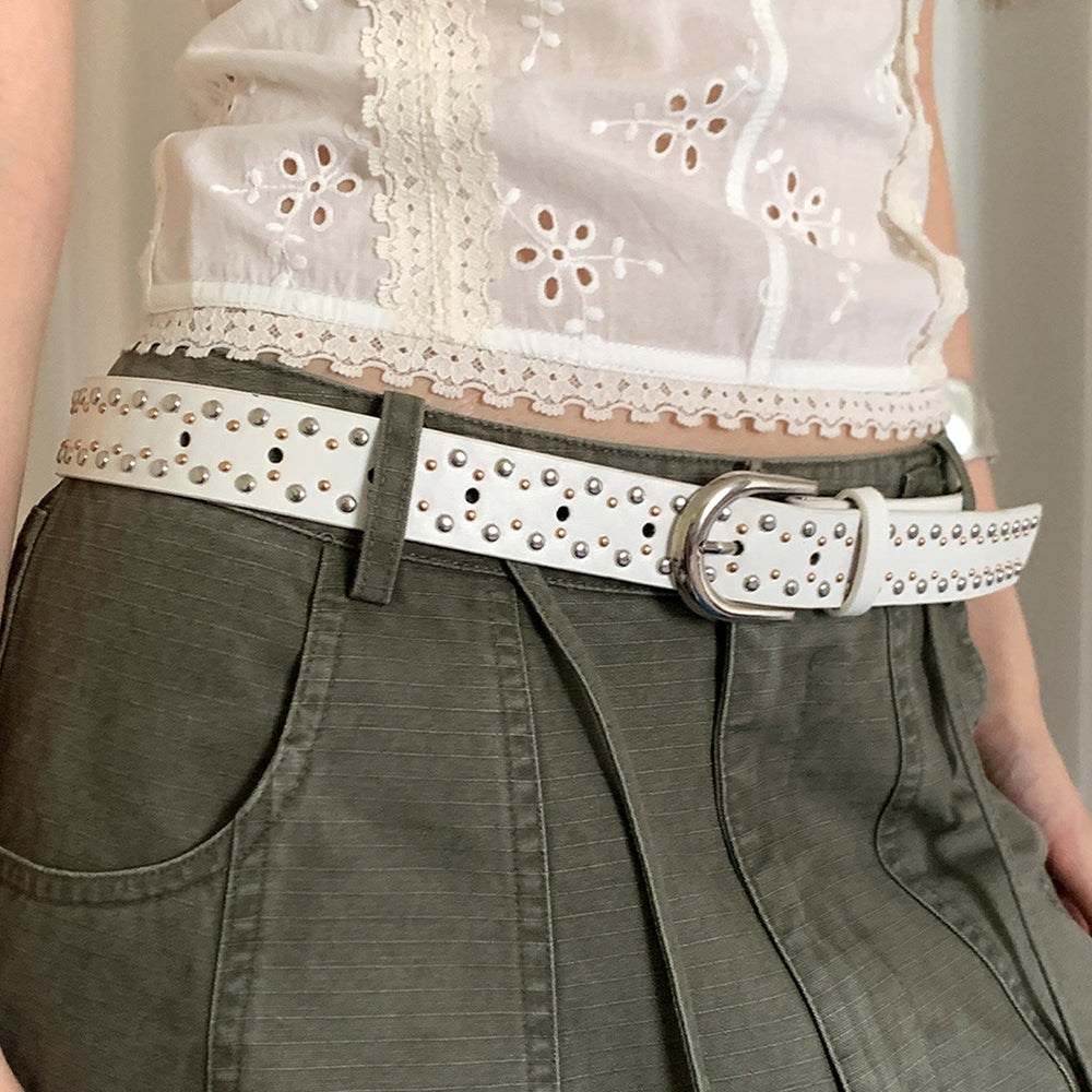 Trendy Double Grommet Studded PU Leather Belt 6W6JBT194