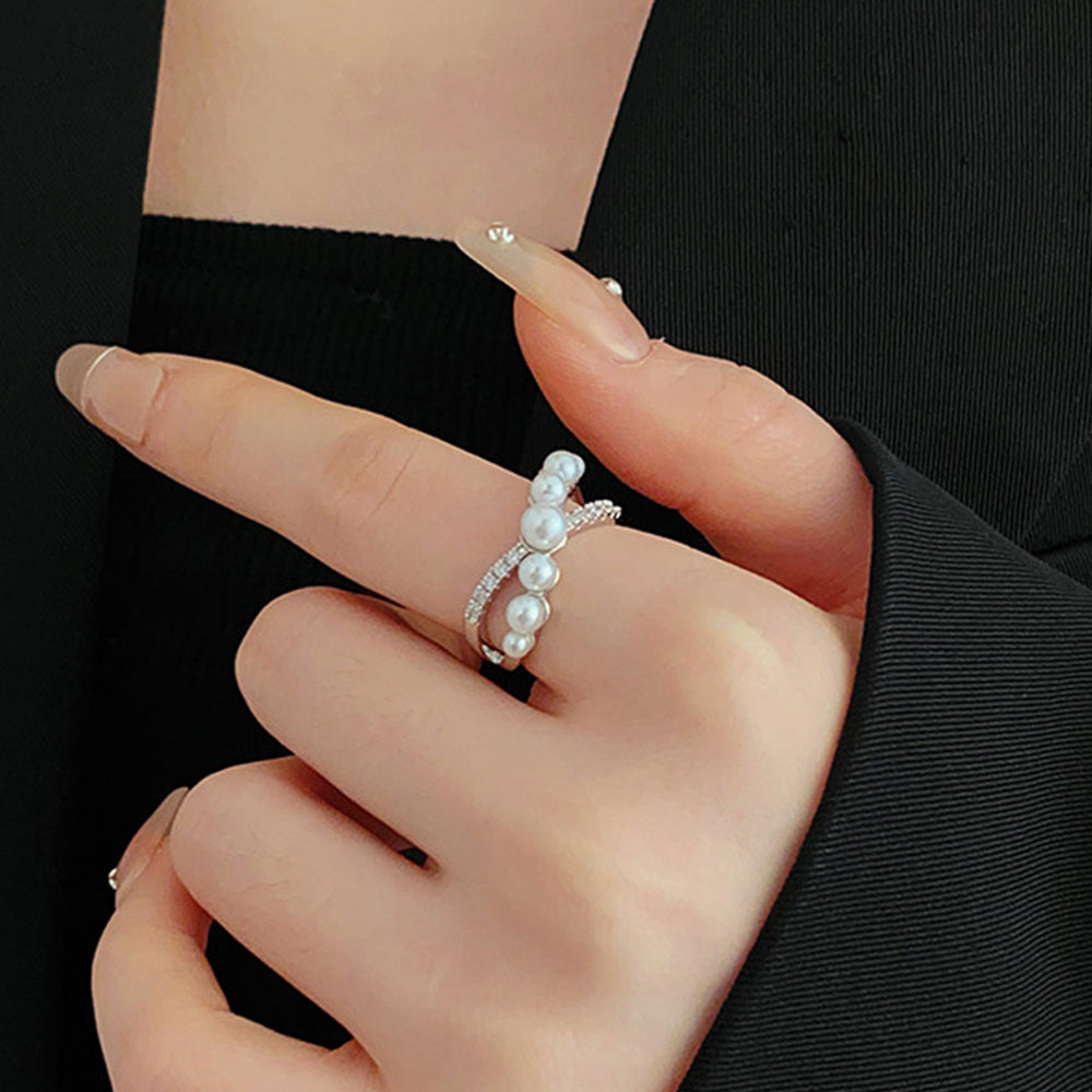 Elegant Cubic Zirconia Cross Pearl Open Ring 6W6JRG365