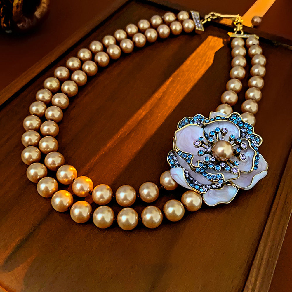 Retro Rhinestone Enamel Floral Pearl Necklace 6W6JNC962