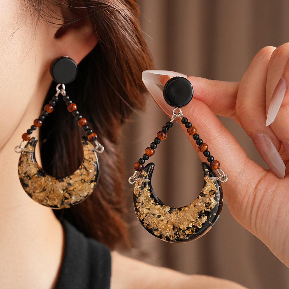 Vintage Resin Gold Foil Crescent Moon Dangle Earrings 6W6JER740