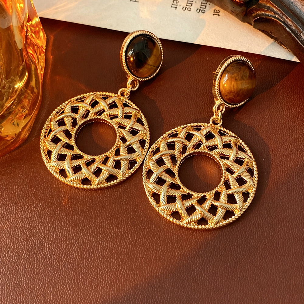 Vintage Tiger Eye Stone Hollow Circle Dangle Earrings 6W6JER774