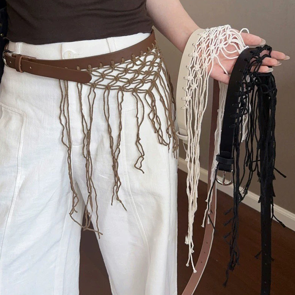 Vintage Woven Hollow Out Mesh Tassel Waist Belt 6W6JBT228