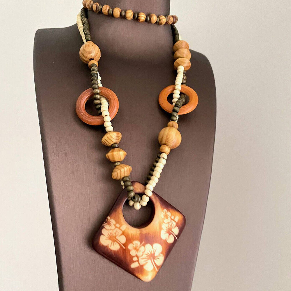 Wooden Floral Beaded Necklace - DippedShop Wholesale - #9907