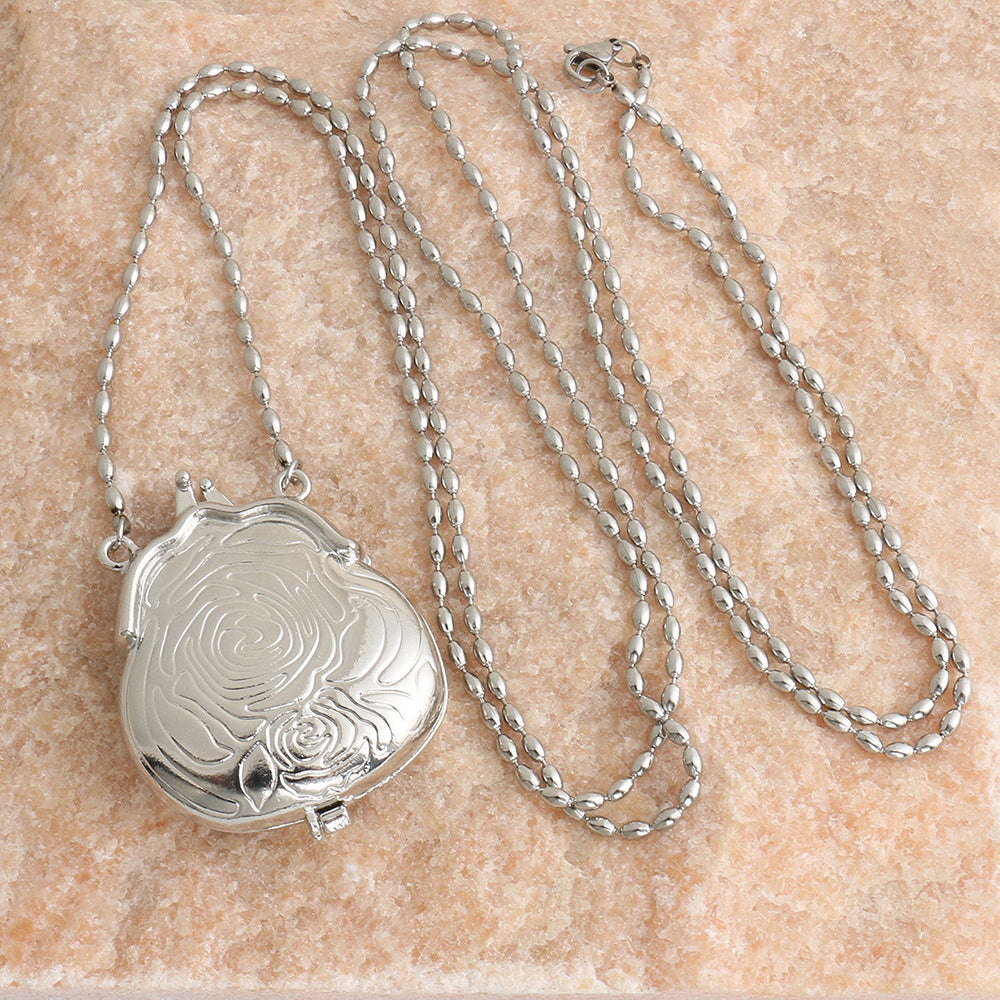 Stylish Engraved Rose Locket Pendant Chain Necklace 6W6JNC1015