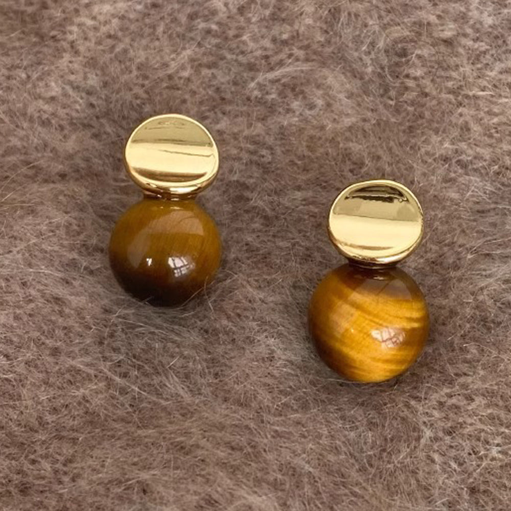 Vintage Natural Tiger Eye Bead Stud Earrings 6W6JER943