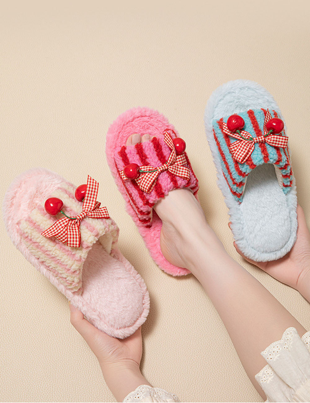 Plush Striped Slippers - DippedShop Wholesale - #9683