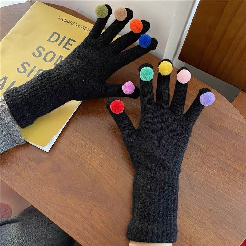 Cute Colorful Plush Ball Decor Warm Knit Gloves 6W6GLO93