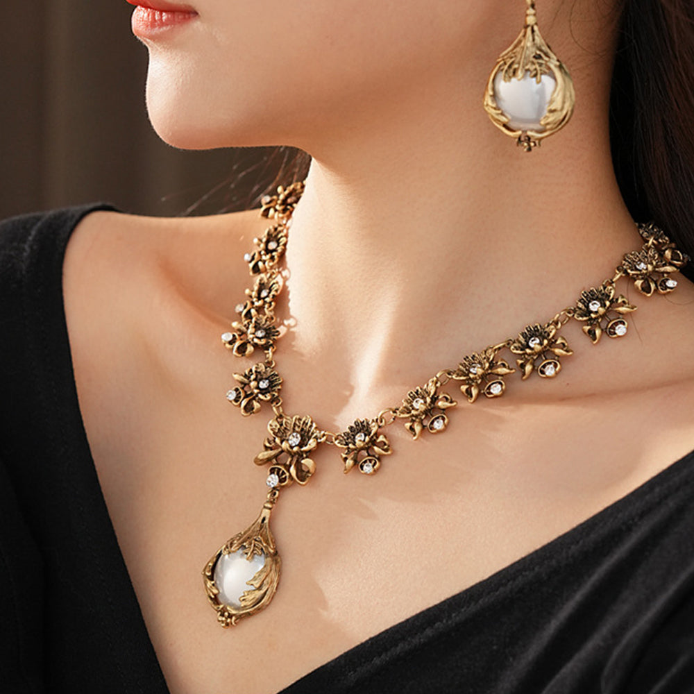 Vintage Pearl Pendant Rhinestones Floral Chain Necklace 6W6JNC977
