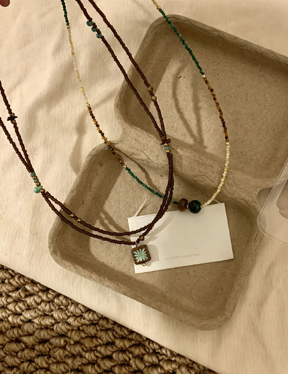 Vintage Double Layer Beaded Chain Square Pendant Necklace 6W6JNC658