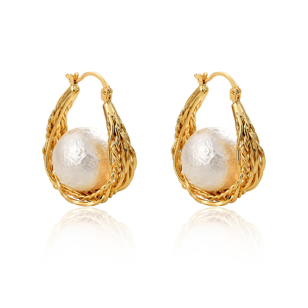 Trendy Pearl Gold Plated Geometric Hoop Earrings 6W6JER940