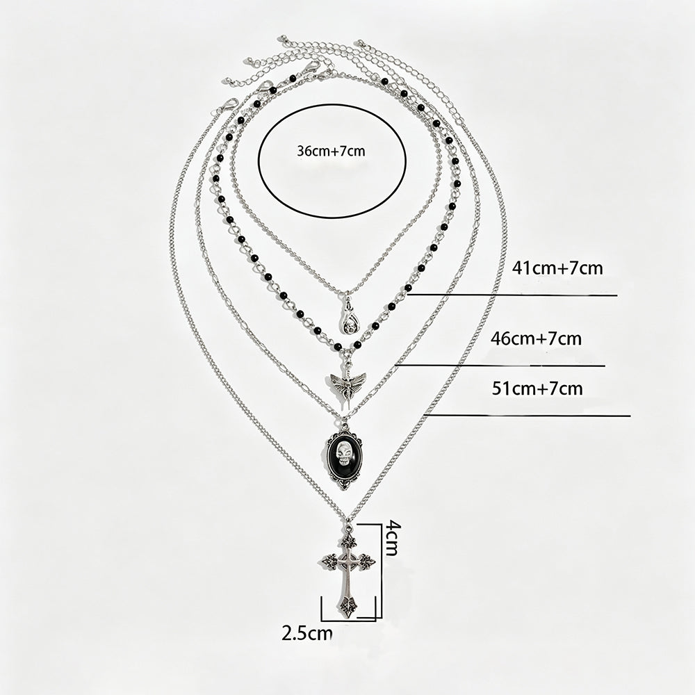 Dark Gothic Demon Wing Heart Layered Necklace 6W6JNC885 Star Chain, Bead Accents, Delicate Cable Chains