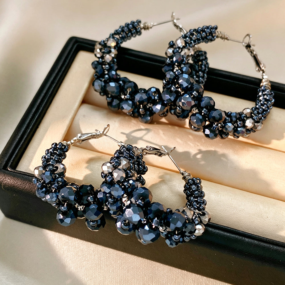 Blue Crystal Woven Beads Hoop Earrings 6W6JER788