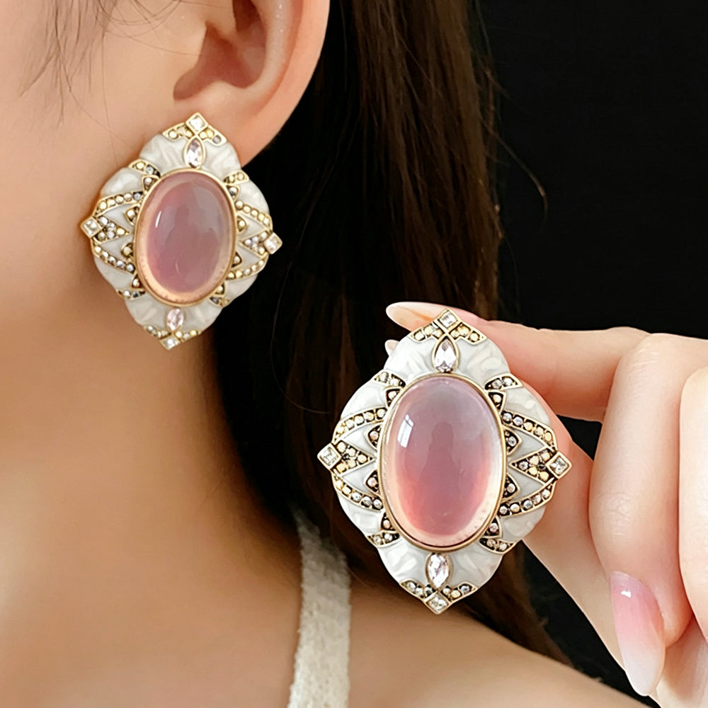 Vintage Oval Gemstone Rhinestone Stud Earrings 6W6JER730