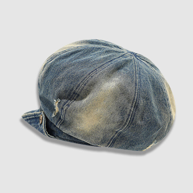 Trendy Washed Ripped Rolled Brim Denim Beret 6W6HAT584