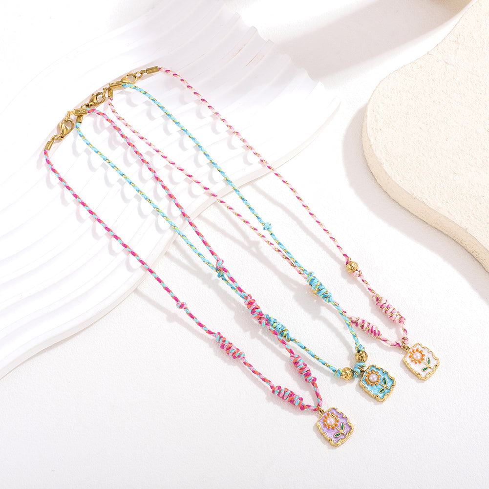 Flower Pendant Braided Necklace - DippedShop Wholesale - #9507