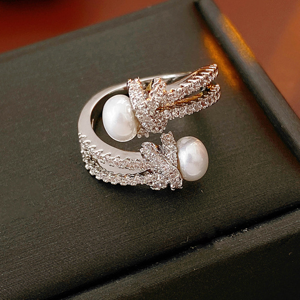 Elegant Cubic Zirconia Knot Pearl Open Ring 6W6JRG366