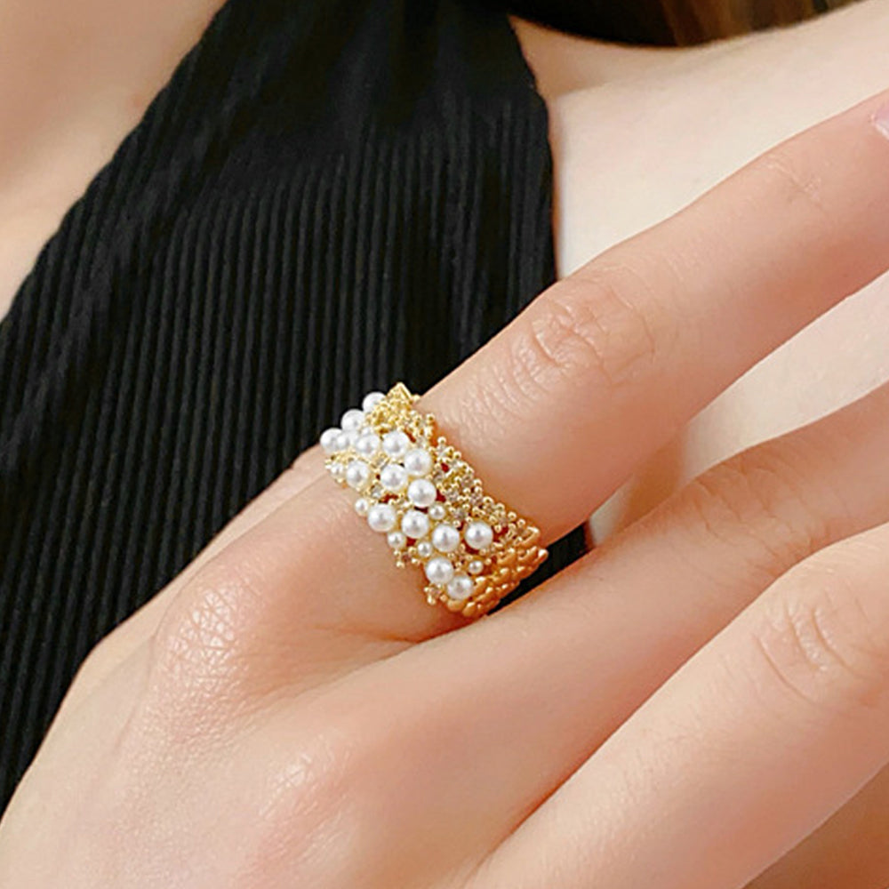 Luxury Pearl Gold Plated Cubic Zirconia Open Ring 6W6JRG383