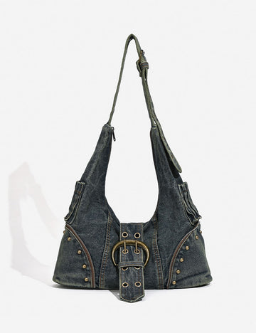Stylish Washed Denim Stud Splice Underarm Bag 6W10BBG1339
