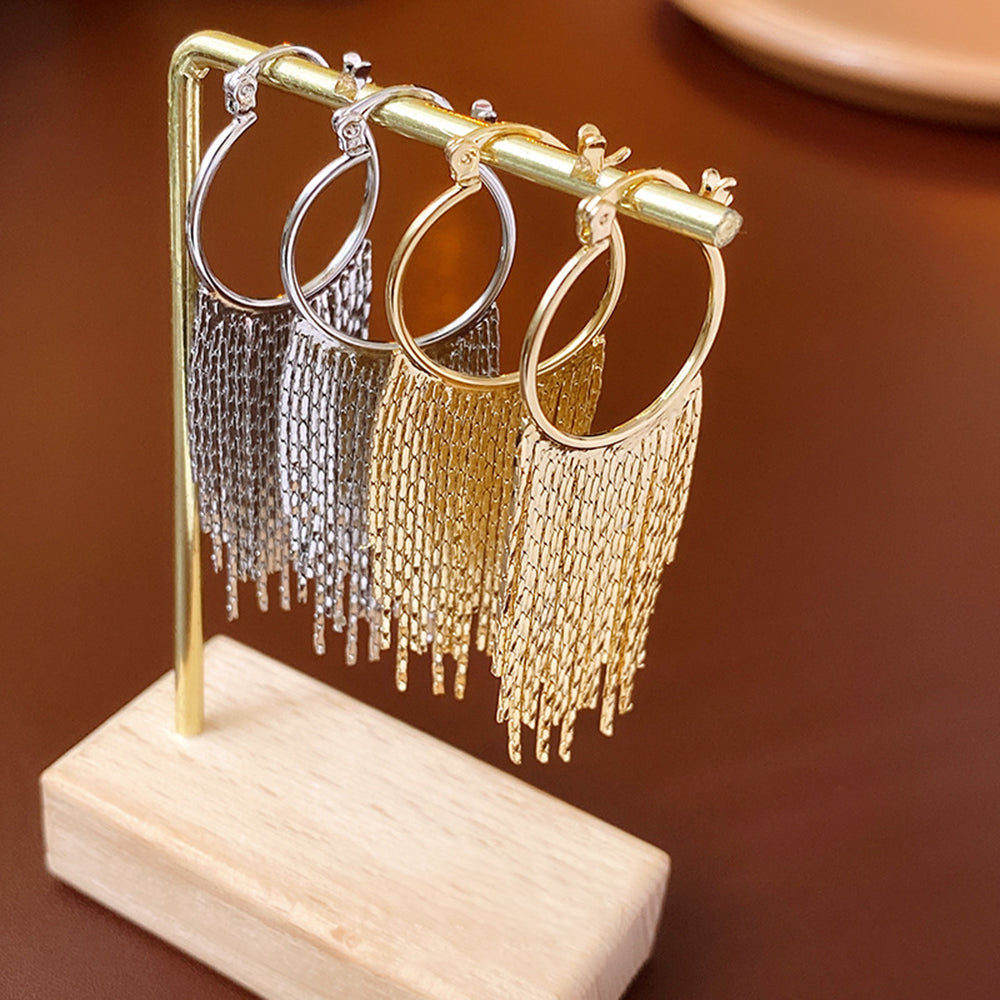 Stylish Gold Plated Long Tassel Hoop Earrings 6W6JER705
