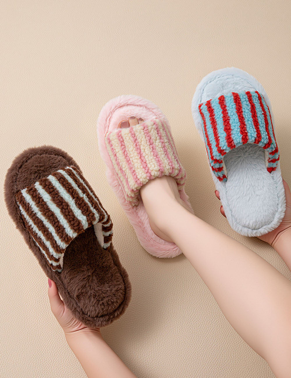 Striped Plush Slippers - DippedShop Wholesale - #6691