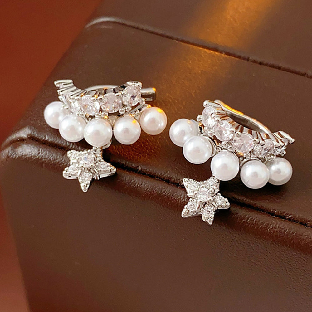 Luxury Layered Zircon Pearl Star Huggie Earrings 6W6JER767