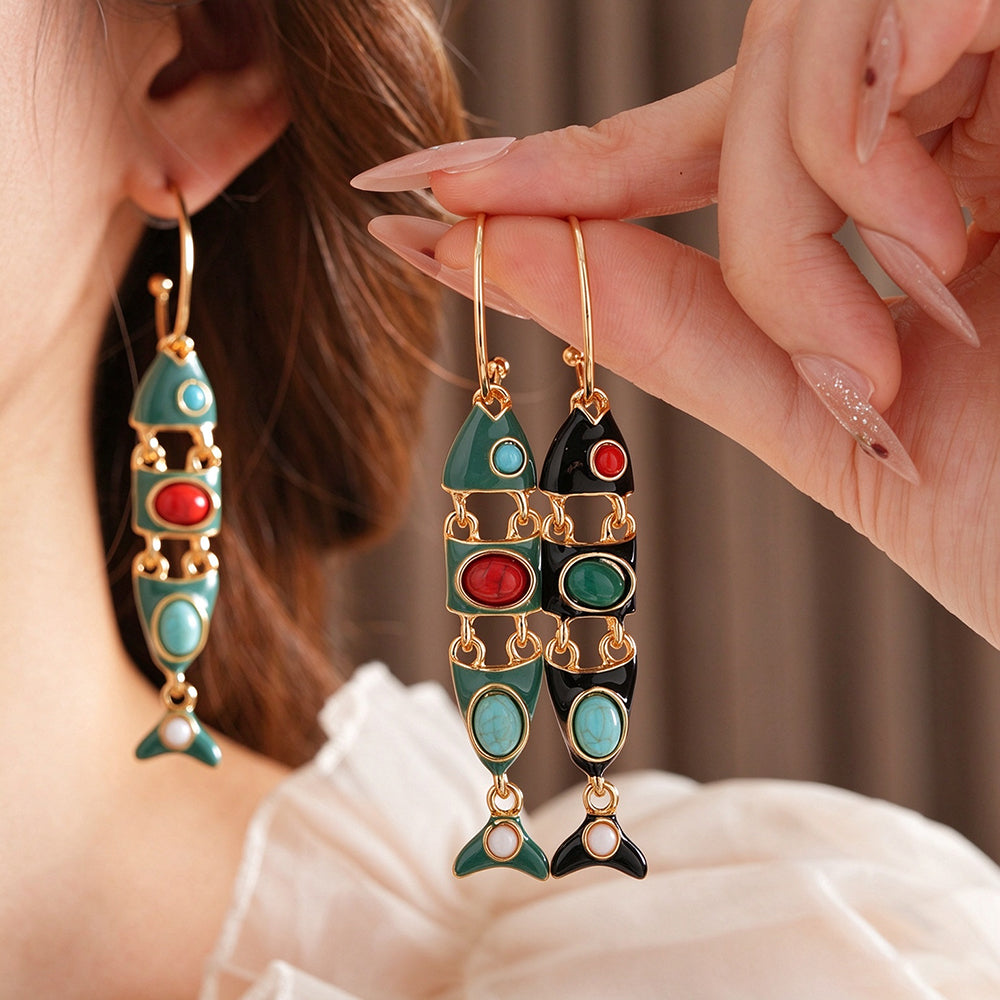 Vintage Enamel Fish Dangle Earrings 6W6JER838