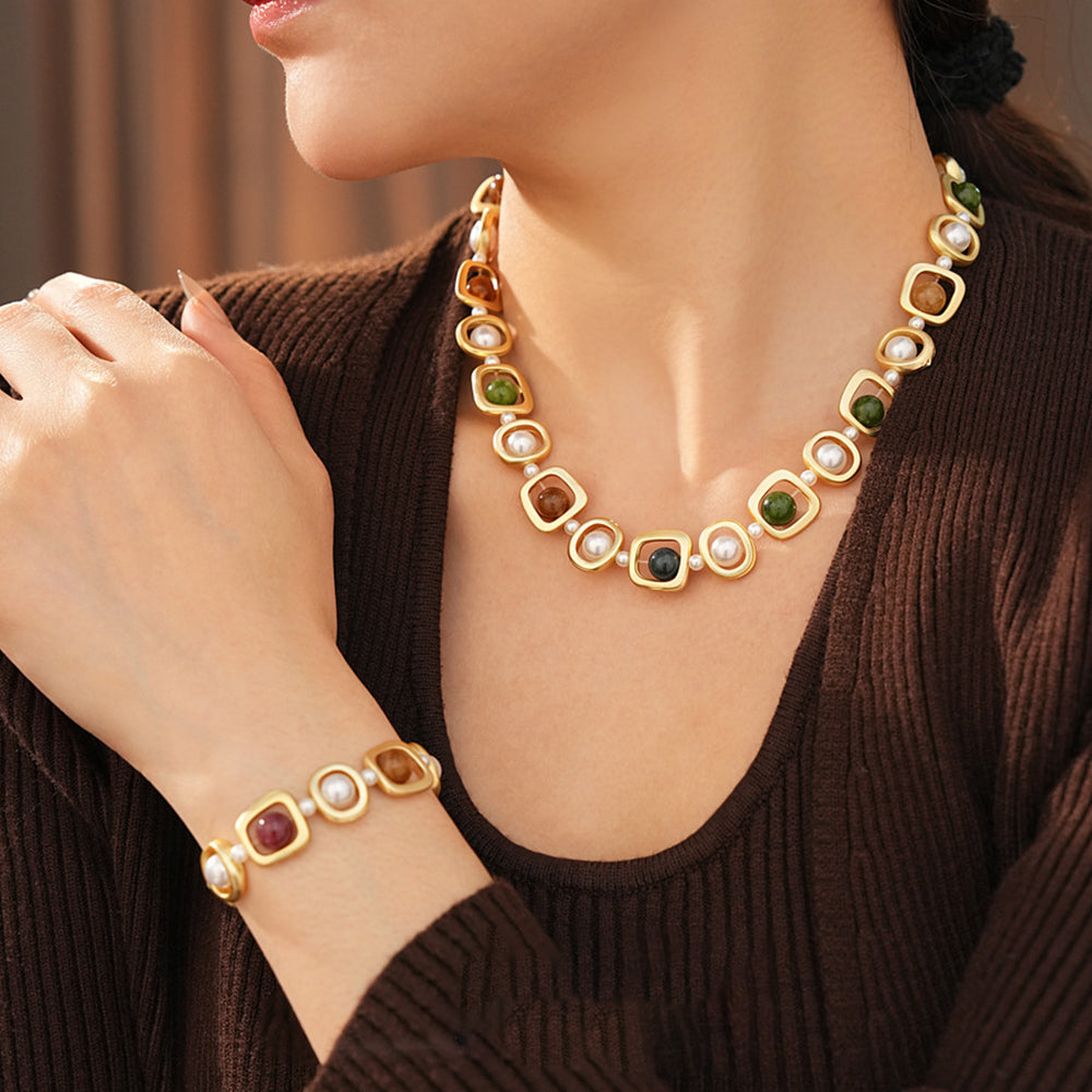 Vintage Pearl Geometric Chain Necklace 6W6JNC911