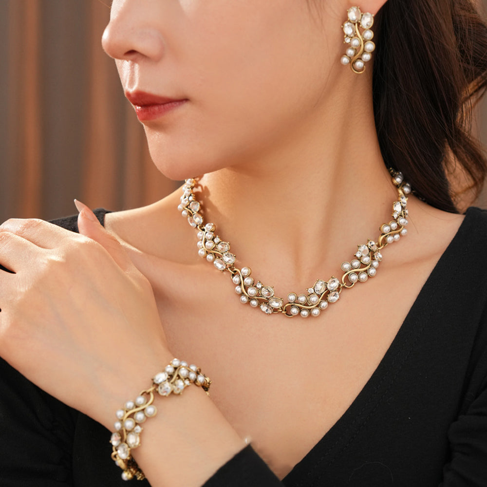 Vintage Rhinestone Rattan Splice Pearl Necklace 6W6JNC949
