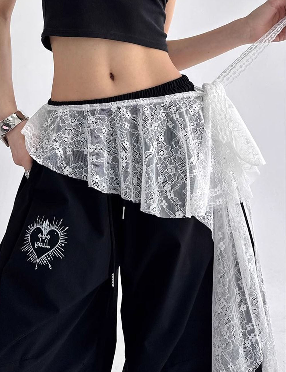 Asymmetrical Lace Layered Wrap Mesh Wrap Skirt 6W1SL30