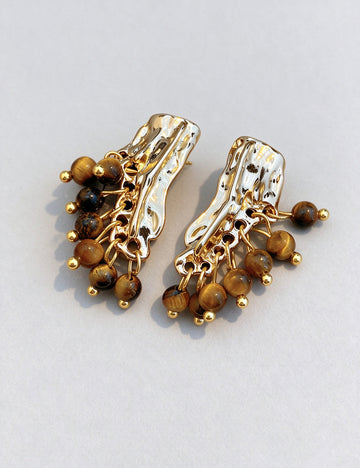 Vintage Crinkled Tiger's Eye Tassel Earrings 6W6JER834