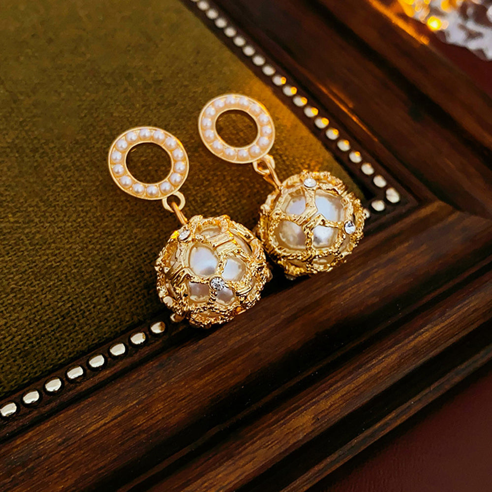 Vintage Gold Plated Hollow Pearl Pendant Drop Earring 6W6JER818