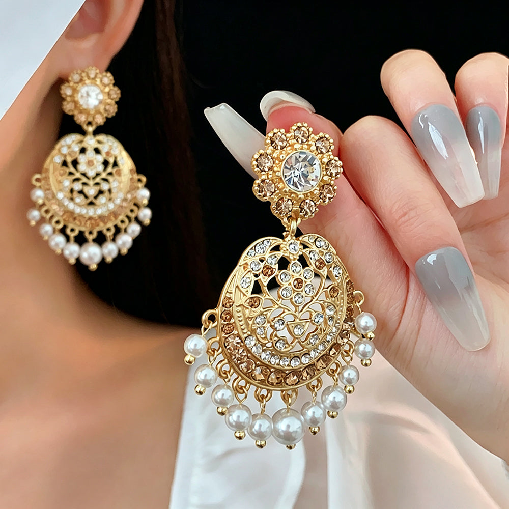 Boho Rhinestone Hollow Pearl Tassel Drop Earrings 6W6JER766