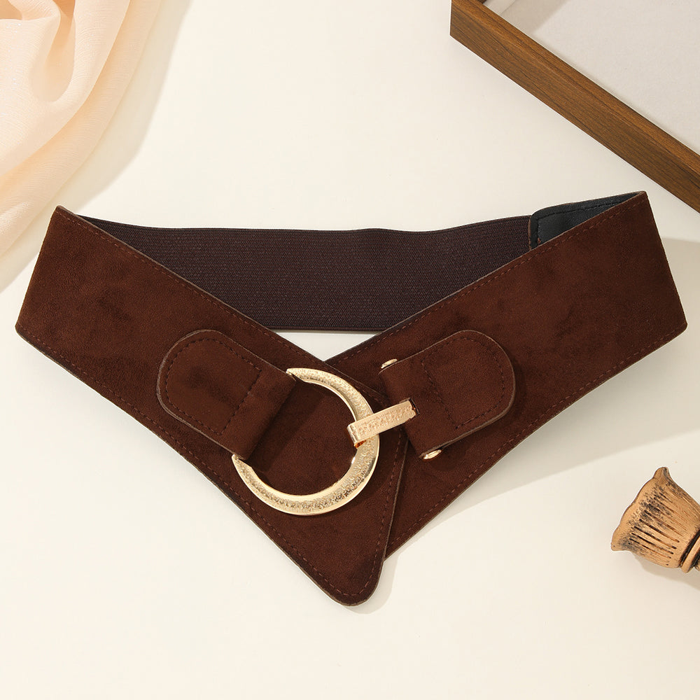 Trendy Gold Buckle Faux Suede Wide Stretchy Belt 6W6JBT230